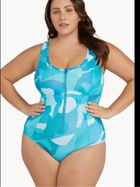 NEW Artesands Natare Fly Fuseli Plus-Sz. Teal Blue Front-Zip Swimsuit 20/22 READ